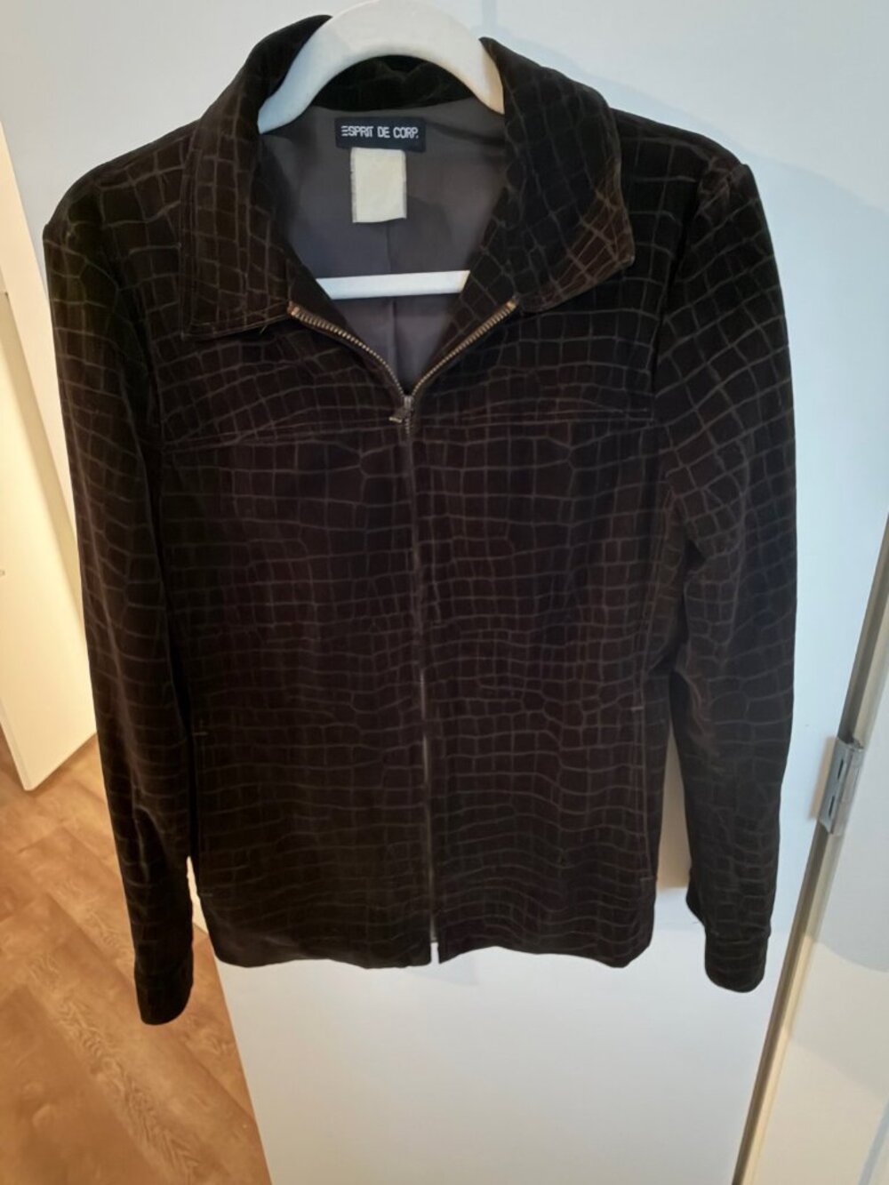 Esprit de Corp Black Velvet Zip Jacket | Brown Grid Pattern | Fits S 4-6